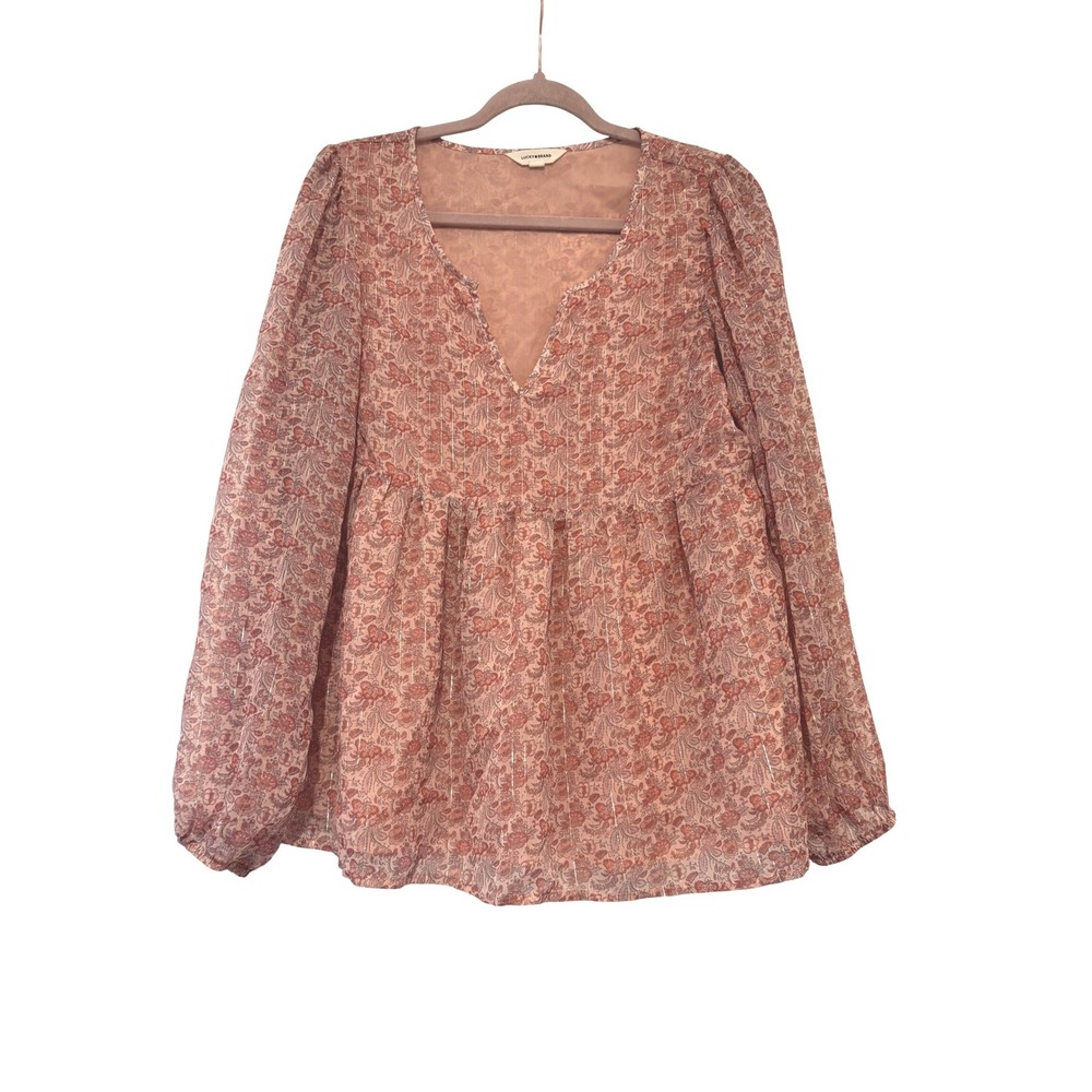 Lucky Brand sz M pink floral boho‎ peasant balloon sleeve blouse II